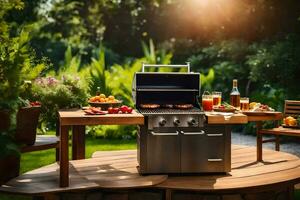 a grill on a wooden table with fruit and vegetables. AI-Generated photo