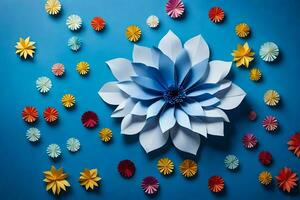 a large paper flower on a blue background. AI-Generated photo