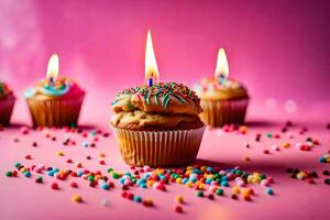 birthday cupcakes with a lit candle. AI-Generated photo