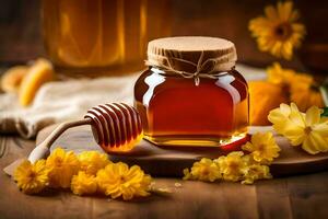 honey and flowers on a wooden table. AI-Generated photo