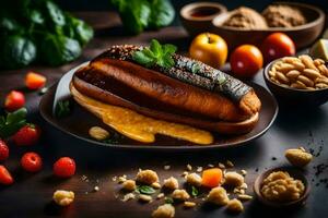 a plate with a hot dog, nuts and other ingredients. AI-Generated photo