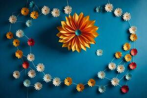 a heart shaped paper flower arrangement on a blue wall. AI-Generated photo