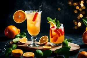 two glasses of orange juice with mint leaves and oranges. AI-Generated photo