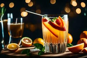 a glass of orange juice with a slice of orange and a slice of lemon. AI-Generated photo