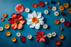 a wall of paper flowers with different colors. AI-Generated photo