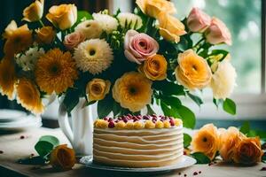 a cake with flowers on a table. AI-Generated photo