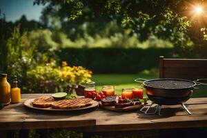 un mesa con comida y bebidas en eso en el jardín. generado por ai foto