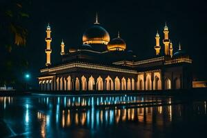 the mosque at night with its lights on. AI-Generated photo