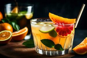 a glass of orange juice with a garnish of fresh fruit. AI-Generated photo