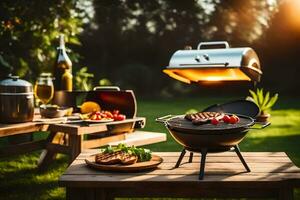 un parrilla con comida en eso en el jardín. generado por ai foto