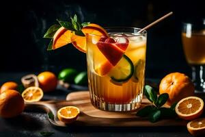 a glass of orange juice with oranges and mint. AI-Generated photo