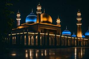 the mosque at night with blue domes. AI-Generated photo
