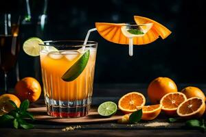 orange juice with lime and mint garnish. AI-Generated photo