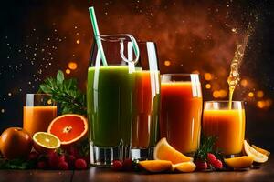 juice and fruit on a table with a fire. AI-Generated photo