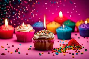 birthday candles and cupcakes on a pink background. AI-Generated photo