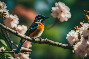 a bird sitting on a branch with flowers in the background. AI-Generated photo