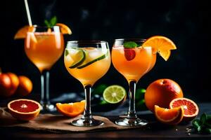 three glasses of orange juice with fresh fruit. AI-Generated photo