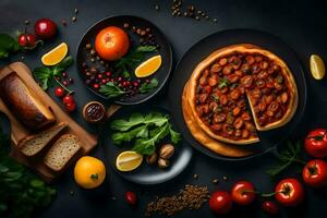 Pizza con carne, vegetales y un pan en un negro antecedentes. generado por ai foto