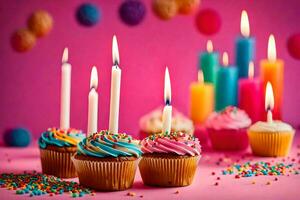 birthday candles on cupcakes with sprinkles. AI-Generated photo