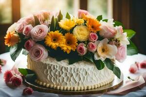 a white cake with flowers on top. AI-Generated photo