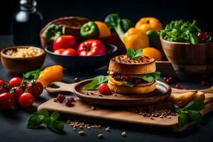 a hamburger with vegetables and other ingredients on a table. AI-Generated photo