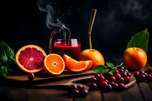 fresh juice with oranges and grapefruit on a wooden table. AI-Generated photo