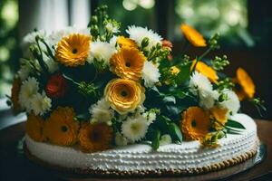 un pastel con blanco y naranja flores en cima. generado por ai foto