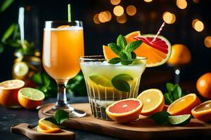 two glasses of orange juice with mint leaves and oranges. AI-Generated photo