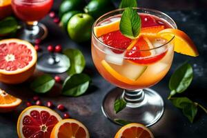 a glass of orange juice with a garnish of fresh fruit. AI-Generated photo