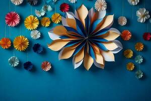 a wall with many paper flowers hanging from it. AI-Generated photo