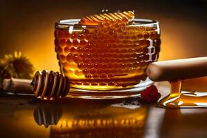 honey and honeycomb in a glass with a wooden stick. AI-Generated photo