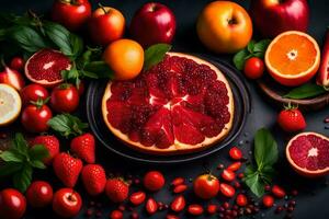 fresh fruits and vegetables on a black background. AI-Generated photo