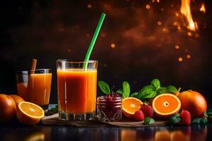 orange juice with berries and berries on a table. AI-Generated photo