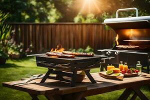 a barbecue grill with food on it in the backyard. AI-Generated photo