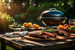 grilling steak and vegetables on a wooden table. AI-Generated photo