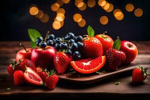 fresh fruits on a wooden table with bokeh lights. AI-Generated photo