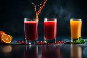 three glasses of juice with oranges and pomegranate. AI-Generated photo