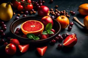 a bowl of fruits and vegetables on a dark table. AI-Generated photo