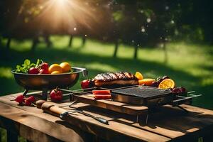 parrilla con vegetales y carne en un mesa. generado por ai foto