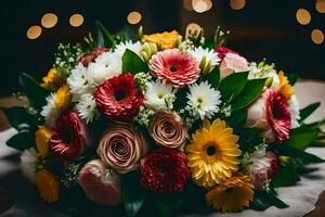 un ramo de flores de flores sentado en un mesa. generado por ai foto