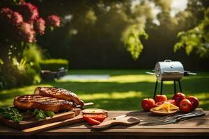 A la parrilla carne en un de madera mesa en el patio interior. generado por ai foto