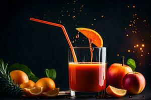 orange juice with a straw and fruits on a dark background. AI-Generated photo