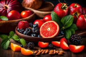 fruit and berries in a bowl on a table. AI-Generated photo