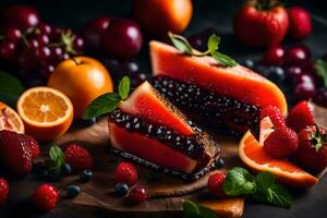 fruit and berries on a cutting board. AI-Generated photo