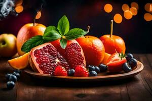 fresh fruits on a wooden table. AI-Generated photo