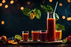fresh juice in glasses and a pitcher on a table. AI-Generated photo