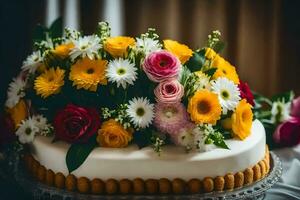 a wedding cake with colorful flowers on top. AI-Generated photo