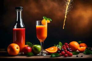 orange juice with fruits and berries on a dark background. AI-Generated photo