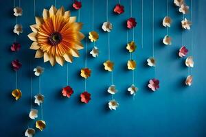 a flower made of paper is hanging from a blue wall. AI-Generated photo