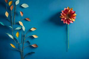 a flower made from paper on a blue wall. AI-Generated photo